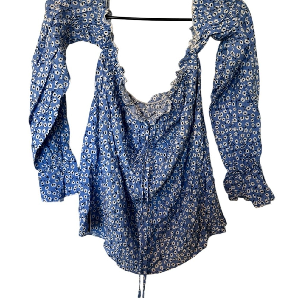 SHEIN Blue and White Ruffled Bell Sleeve Blouse
